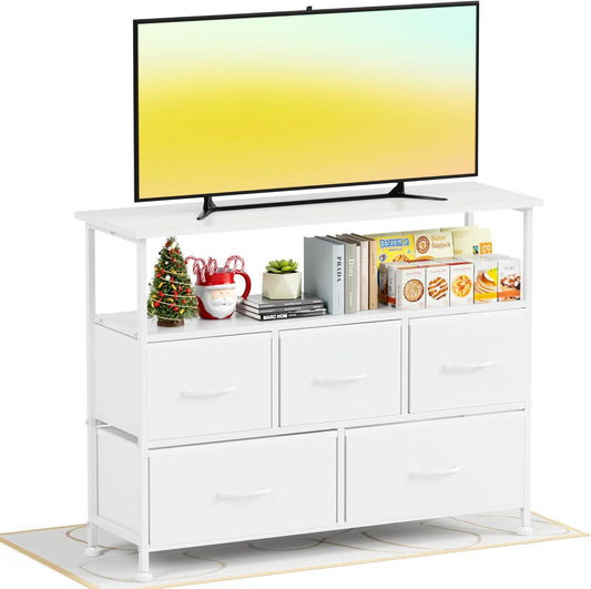TV Stand Dresser for Bedroom Entertainment Center with 5 Fabric Drawers, Storage Organizers Units for Living Room, Media Console Table with Open Shelf up for 45" TV, White, Wood top