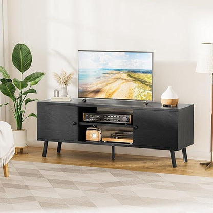 TV Stand for 55 60 inch TV, Entertainment Center with Storage Cabinet, Media Console Table 2 Cabinet, Soft Hinge, Handle Door, Wooden Living Room, Office Furniture, Black