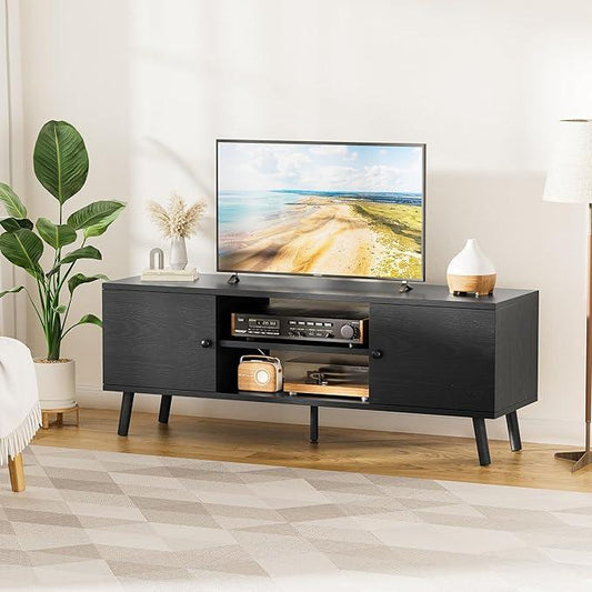 TV Stand for 55 60 inch TV, Entertainment Center with Storage Cabinet, Media Console Table 2 Cabinet, Soft Hinge, Handle Door, Wooden Living Room, Office Furniture, Black
