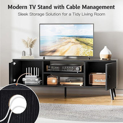 TV Stand for 55 60 inch TV, Entertainment Center with Storage Cabinet, Media Console Table 2 Cabinet, Soft Hinge, Handle Door, Wooden Living Room, Office Furniture, Black