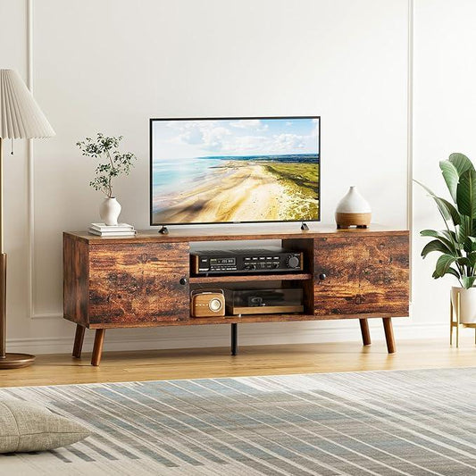 TV Stand for 55 60 inch TV, Entertainment Center with Storage Cabinet, Media Console Table 2 Cabinet, Soft Hinge, Handle Door, Wooden Living Room, Office Furniture, Brown