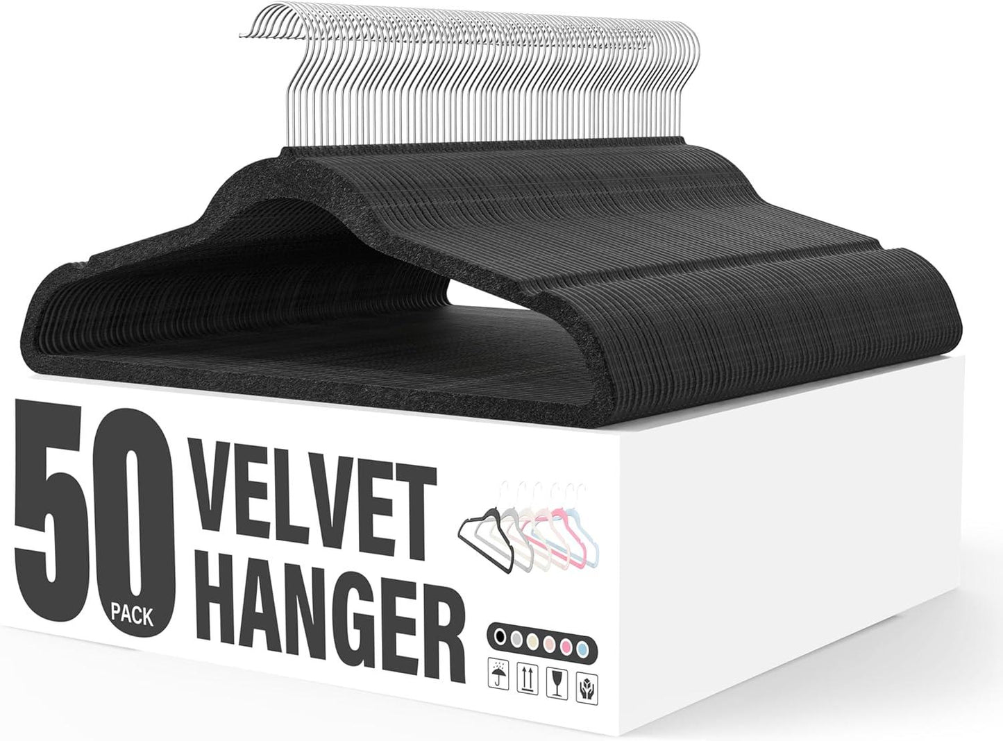 Velvet Hangers 50 Pack, Non-Slip Clothes Hangers with Shoulder Notches, 360° Swivel Hooks, Heavy Duty Standard Hangers for Closet Space Saving, Black
