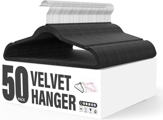 Velvet Hangers 50 Pack, Non-Slip Clothes Hangers with Shoulder Notches, 360° Swivel Hooks, Heavy Duty Standard Hangers for Closet Space Saving, Black
