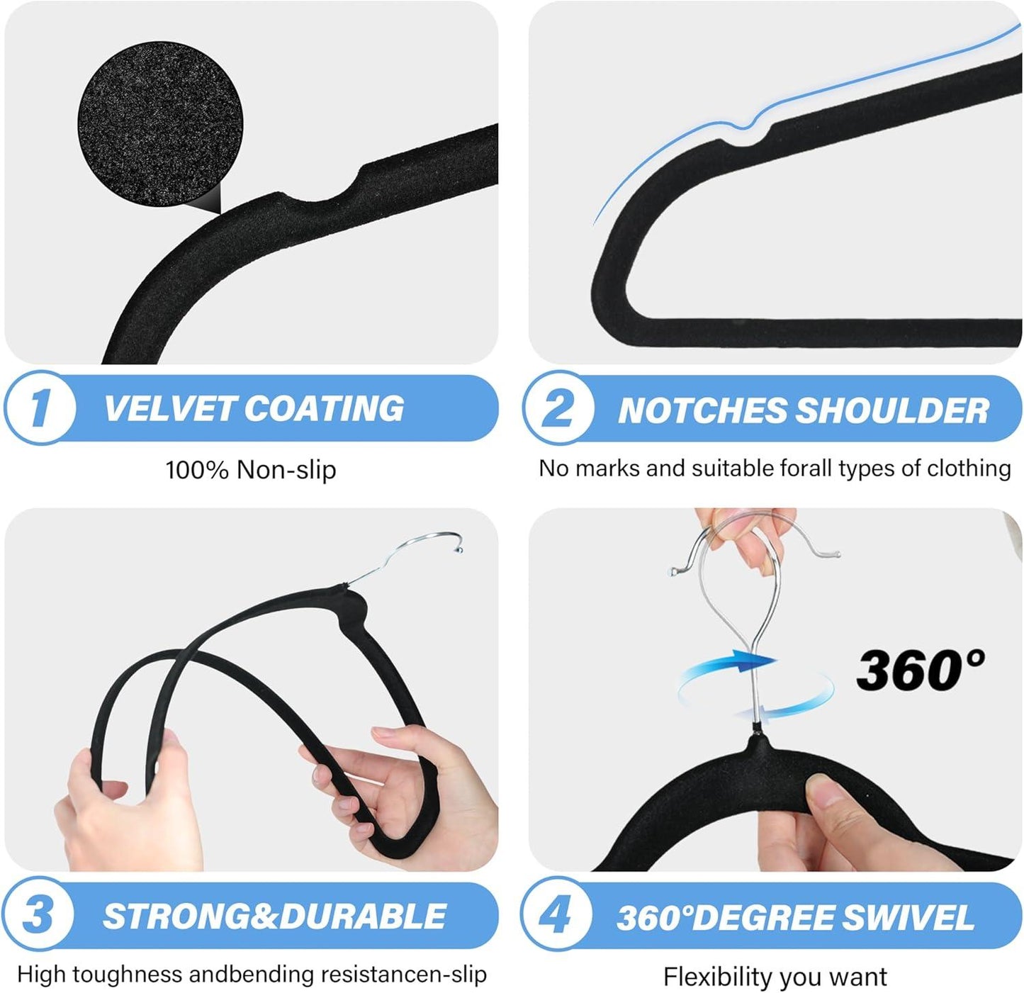 Velvet Hangers 50 Pack, Non-Slip Clothes Hangers with Shoulder Notches, 360° Swivel Hooks, Heavy Duty Standard Hangers for Closet Space Saving, Black