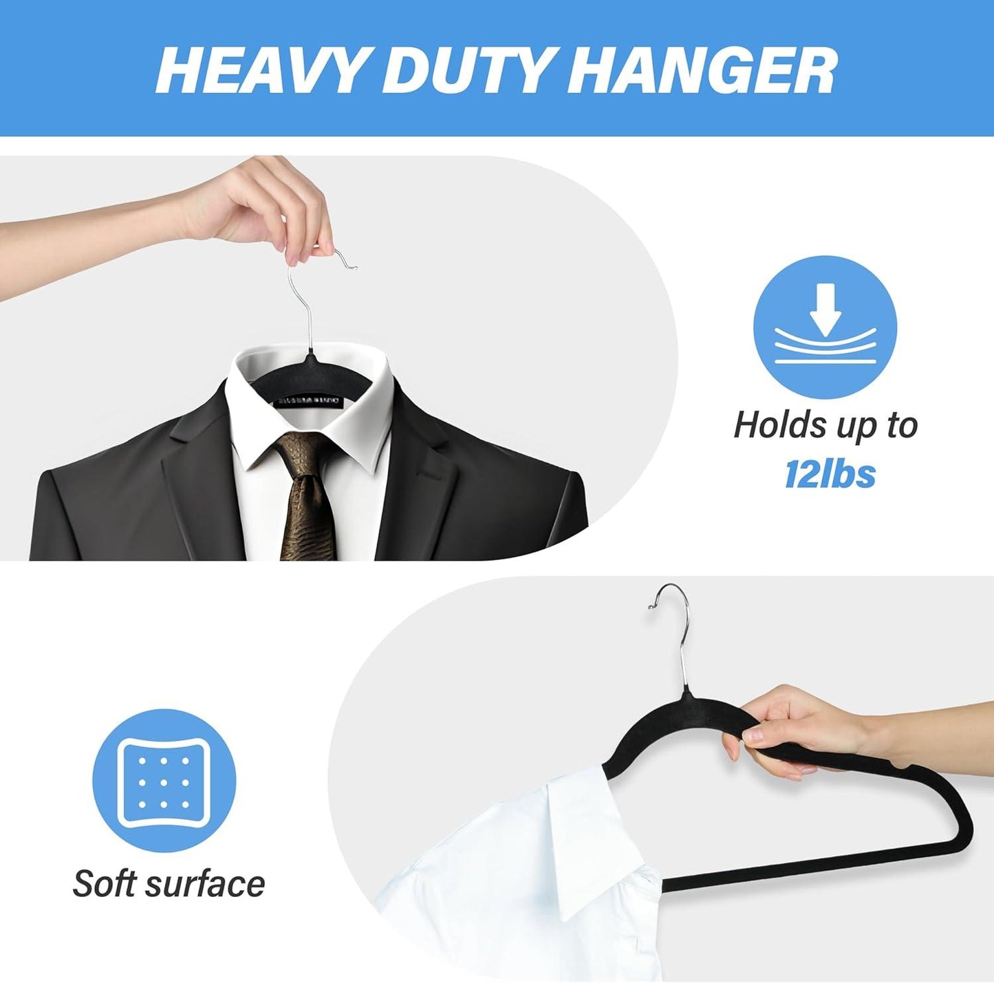 Velvet Hangers 50 Pack, Non-Slip Clothes Hangers with Shoulder Notches, 360° Swivel Hooks, Heavy Duty Standard Hangers for Closet Space Saving, Black