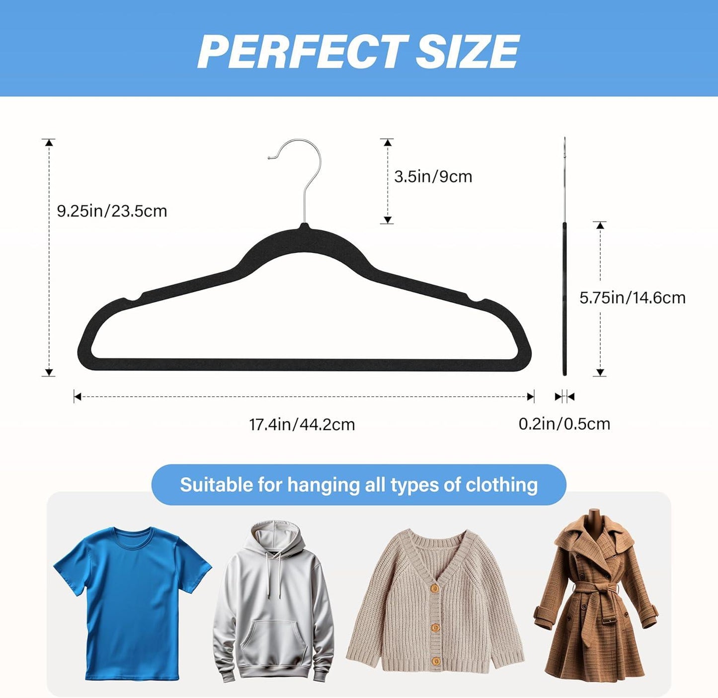 Velvet Hangers 50 Pack, Non-Slip Clothes Hangers with Shoulder Notches, 360° Swivel Hooks, Heavy Duty Standard Hangers for Closet Space Saving, Black
