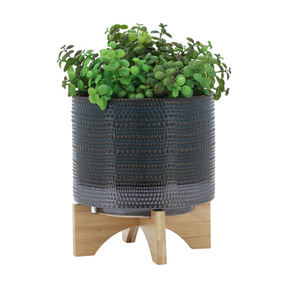 8" DOTTED PLANTER W/ WOOD STAND, GREEN