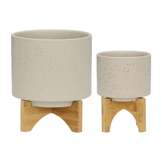 S/2 5/8" PLANTER W/ WOOD STAND, MATTE BEIGE